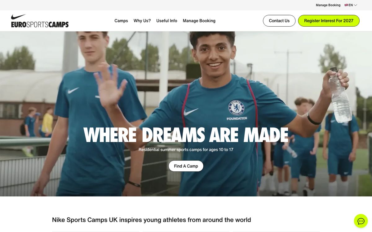 Nike Sports Camps UK homepage on eurosportscamps.com