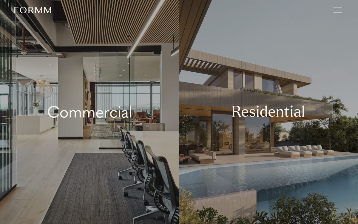 Formm Studio homepage split into commercial and residential