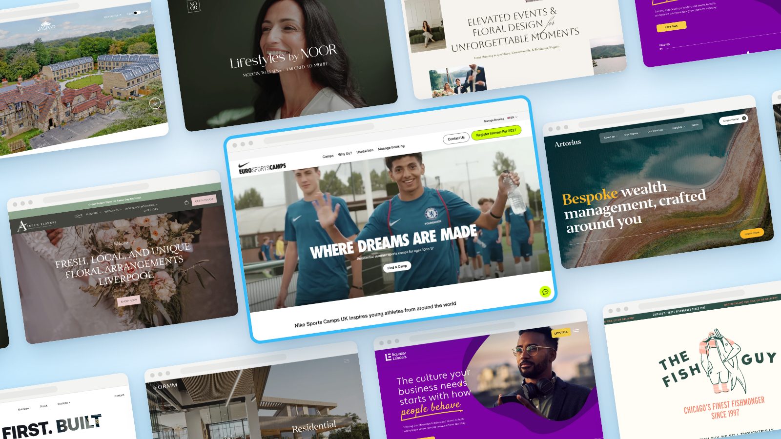 Collage of the 10 best Squarespace website examples of 2026, featuring eurosportscamps.com